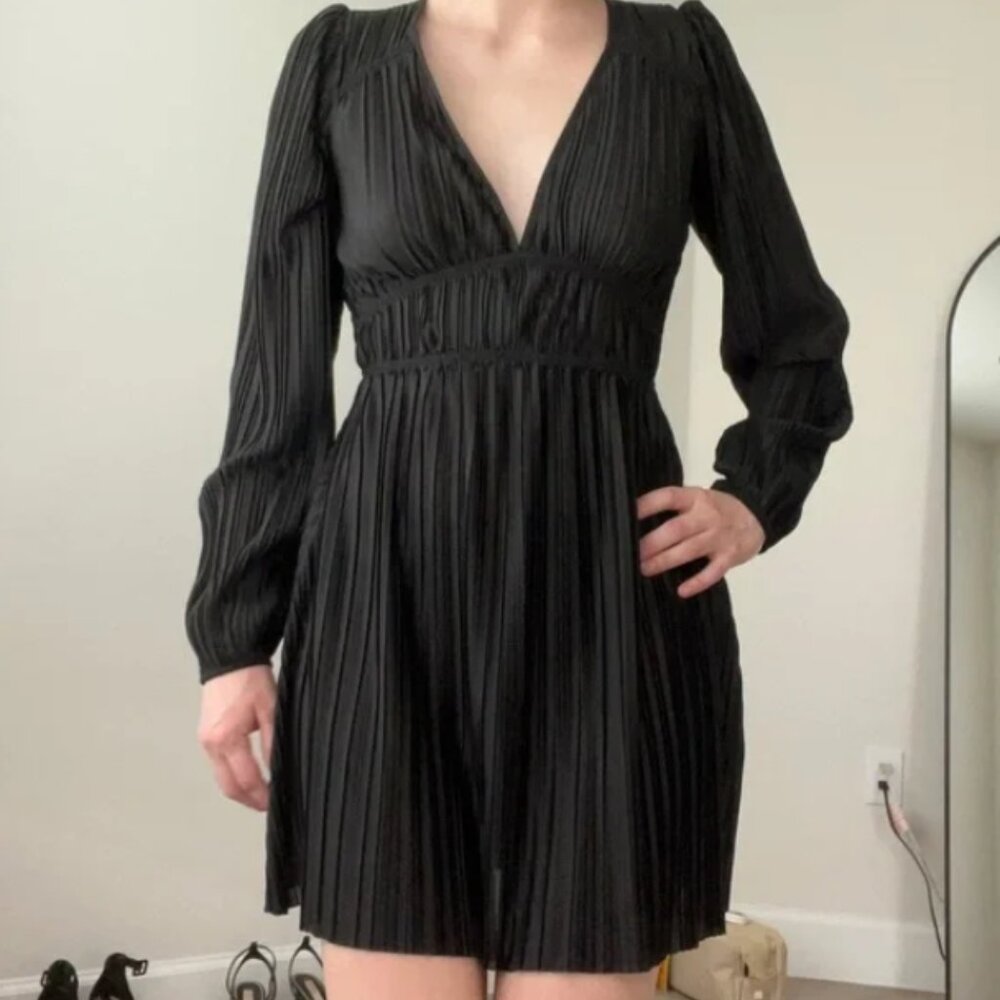 ZARA black pleated long sleeve mini flowy dress